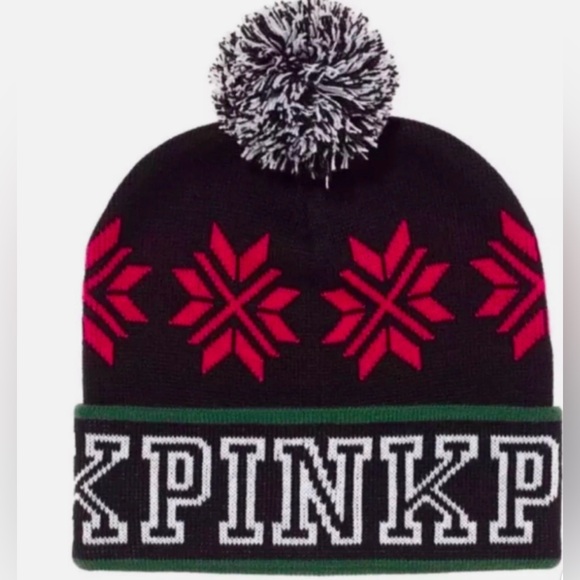 PINK Victoria's Secret Accessories - PINK Victoria's Secret Black and Pink Snowflake Beanie hat